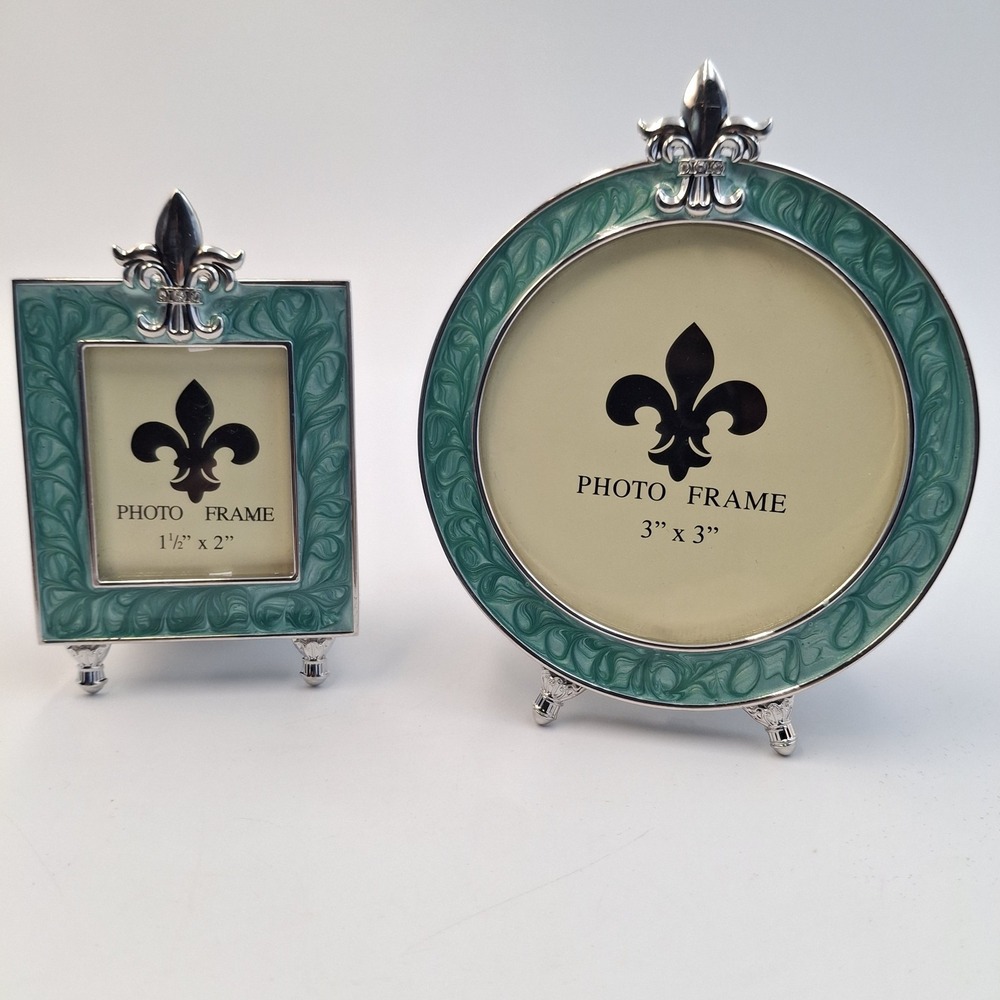 Vintage Fleur De Lis Photo Frame Set‎ Teal Enamel Silver Tone Round Square Mini